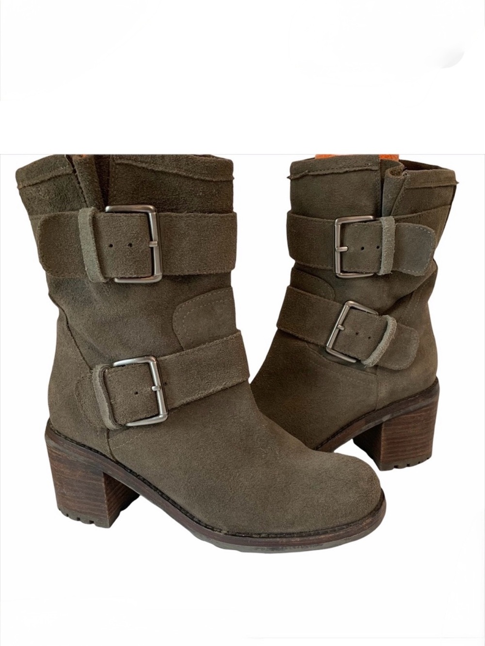 Sam Edelman Troy 7 leather moto pull on heeled boots buckles boho charcoal